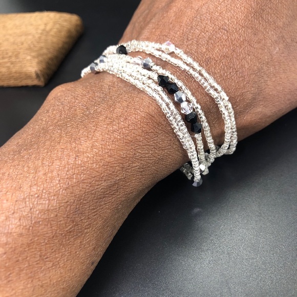 Multi Strand Tiny Silver Glass Seed Beads Stretch Stacking Beaded Bracelets - Picture 11 of 11